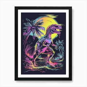 Black & Neon Dinosaur At Night In The Ocean Art Print