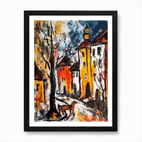 Painting Of A Prague With A Cat In The Style Of Abstract Expressionism, Pollock Style 4 Art Print