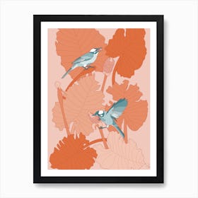 Turquoise Birds With Orange Leaves Art Print