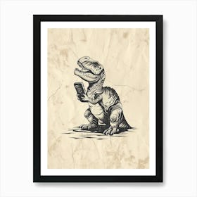 Dinosaur & A Smart Phone Black Shading Sketch 2 Art Print