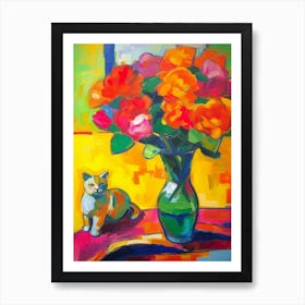 Freesia With A Cat 3 Fauvist Style Painting Art Print