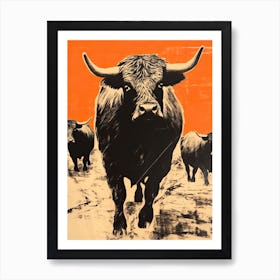 Highland Cattle, Woodblock Animal Drawing 2 Art Print