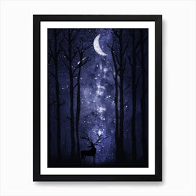 Deer In The Forest - Starry Night and Moon #1 Art Print