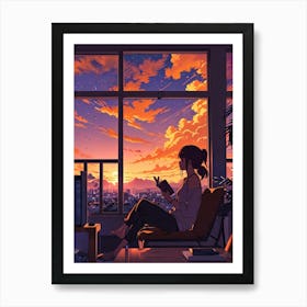 Anime Girl Reading At Sunset 3 Art Print