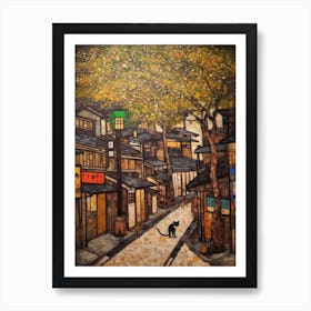 Painting Of Tokyo With A Cat In The Style Of Gustav Klimt 4 Art Print