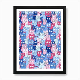 Blue and Pink Crazy Cats Pattern Art Print