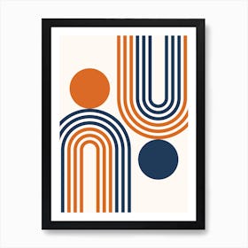 Mid Century Modern Geometric in classy navy blue burnt orange (Rainbow and Sun Abstract Design) 2 Art Print