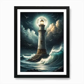 Lighthouse At Night Art Print