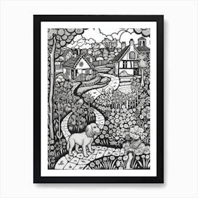 Drawing Of A Dog In Cosmic Speculation Gardens, United Kingdom In The Style Of Black And White Colouring Pages Line Art 03 Art Print