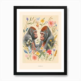 Folksy Floral Animal Drawing Gorilla Poster Art Print