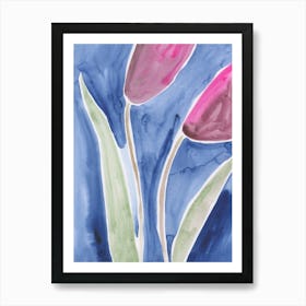 Tulip On Blue 2 - floral watercolor blue green magenta Art Print