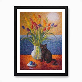Iris With A Cat 2 Pointillism Style Art Print