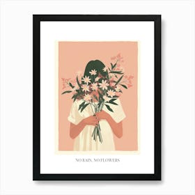 No Rain, No Flowers Poster Spring Girl With Pink Flowers 3 Art Print