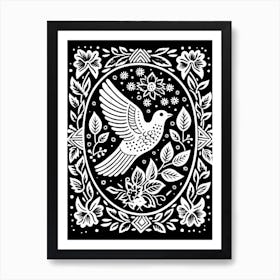 B&W Bird Linocut Dove 1 Art Print