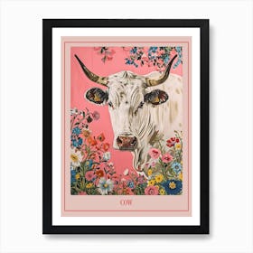 Floral Animal Painting Cow 2 Poster Art Print