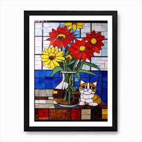 Daisies With A Cat 2 De Stijl Style Mondrian Art Print