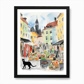 Food Market With Cats In Stockholm 1 Watercolour Art Print