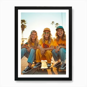 A Joyous Group Of Three Caucasian Female Skateboarders Hipster In Style Smiling Radiantly Sitting (3) Art Print