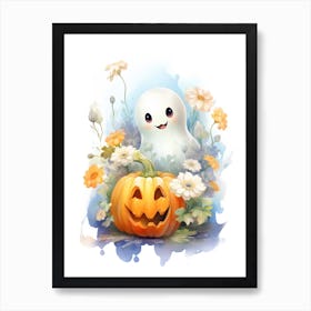 Cute Ghost With Pumpkins Halloween Watercolour 54 Art Print
