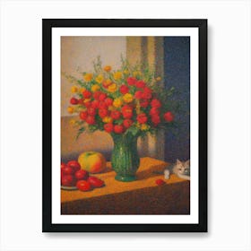 Snapdragons With A Cat 4 Pointillism Style Art Print