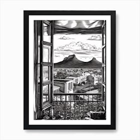 A Window View Of Cape Town In The Style Of Black And White  Line Art 1 Art Print
