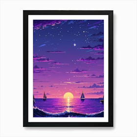 Sunset With Sailboats Art Print