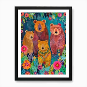 Colourful Floral Bear Family Art Print