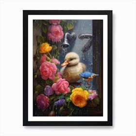 Duckling In The Shower Floral Painting Art Print