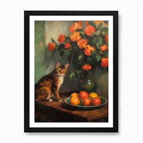 Flower Vase Dahlia With A Cat 4 Impressionism, Cezanne Style Art Print