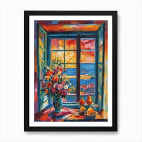 Matisse Inspired Open Window on the Riviera with Fruit Flowers Vibrant Rainbow of Colors Depicting Happiness Sunset Beauty Abstract HD Impressionism Mid Century High Resolution Art Print