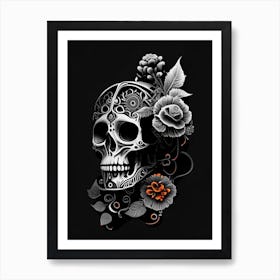 Skull With Floral 2 Patterns Orange Stream Punk Art Print