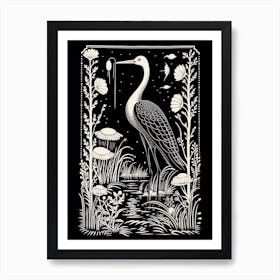 B&W Bird Linocut Crane 2 Art Print