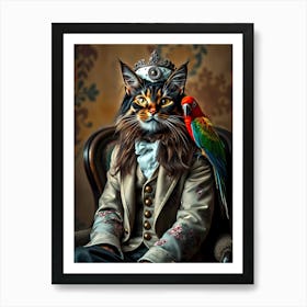 King Cat With Parrot Art Print