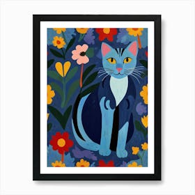 Blue Cat In Flowers Art Print