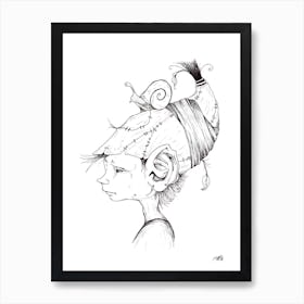 Black and White Pixie with Snail Art Print