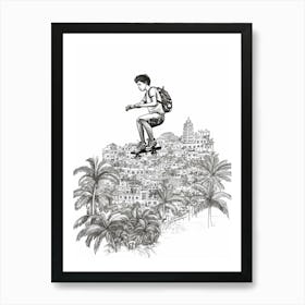 Skateboarding In  Surigao Del Norte, Philippines Line Art Black And White 1 Art Print