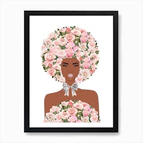 Afro Girl With Blush Pink Flowers Art Print Art Print