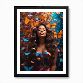 Illustration of a woman, surrounded by butterflies, vivid, painting, wall art Art Print