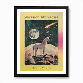 Unicorn In Space With A Bunny Retro Collage Poster Art Print