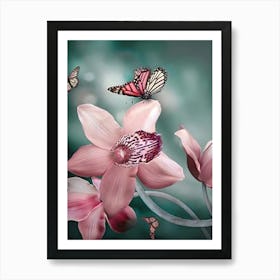 Pink Orchids With Butterflies 1 Art Print