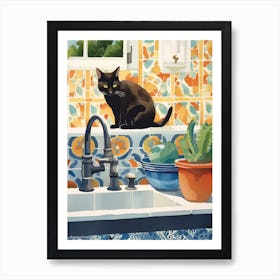 Black Cat In The Kitchen Sink, Mediterranean Style 1 Póster