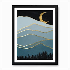 Moonlight Over The Mountains Canvas Print - Golden landscape with moon #7, Japanese gold poster Art Print