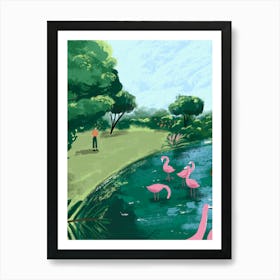 Flamingos In The Pond Garden Illustration Art Print