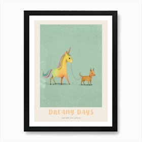 Pastel Storybook Style Unicorn Walking A Dog 1 Poster Art Print