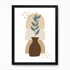 Boho Modern Minimalist Wall Art Nature Decor Vase Abstract Earthy Neutral Leaves Plant Brown Green Art Print