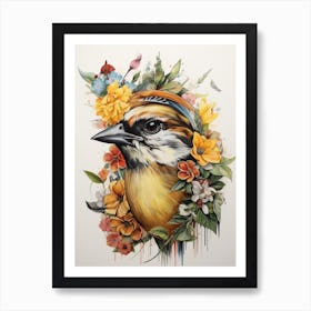 Bird With A Flower Crown Sparrow 2 Art Print