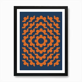 Midcentury Modern Abstract Geometric Flower Pattern Floral in Navy Blue and Burnt Orange Art Print