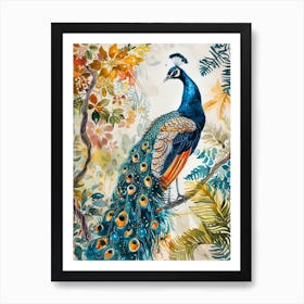 Watercolour Peacock With Tropical Leaves 1 Art Print