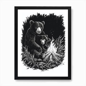Malayan Sun Bear Sitting Together By A Campfire Ink Illustration 1 Art Print