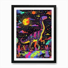 Cute Neon Brachiosaurus At Night Art Print